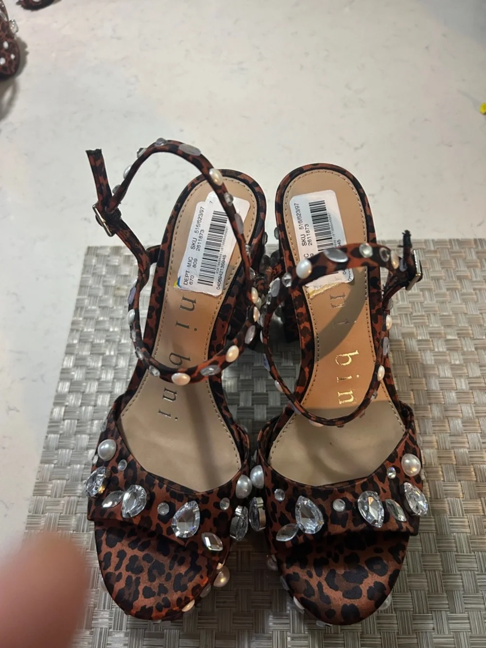 Leopard Print Platform Block Heels with Stud Accents - Brown no box